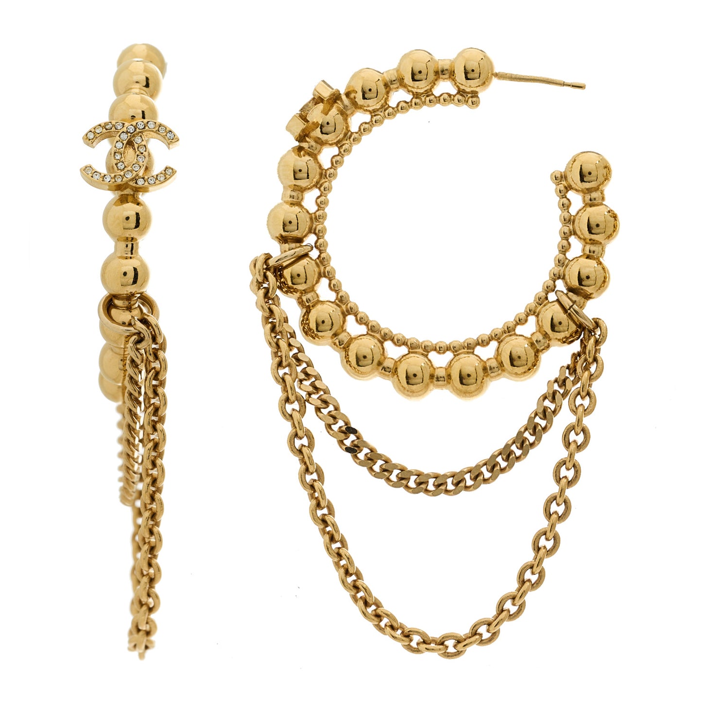 Metal Crystal Bead Chain CC Hoop Earrings Gold