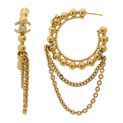 Chanel Metal Crystal Bead Chain CC Hoop Earrings Gold 1 of 4