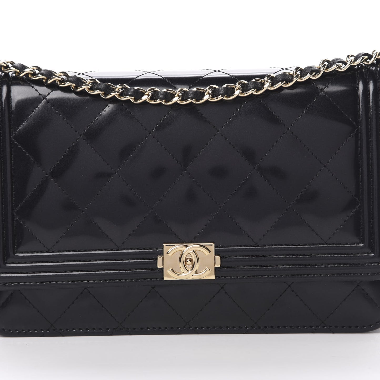 Patent Calfskin Quilted Boy Wallet On Chain WOC Black