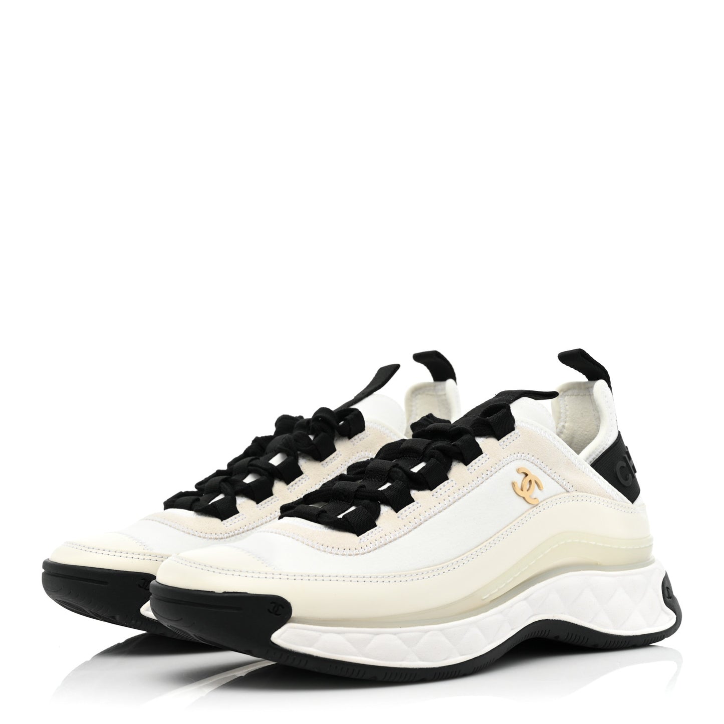 Velvet Calfskin Mixed Fibers CC Sneakers 38.5 Ivory Black