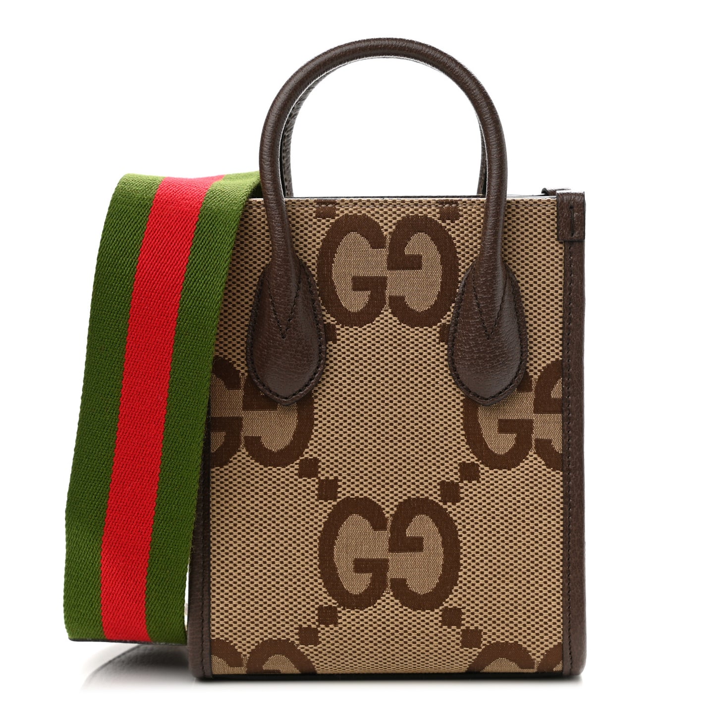 Monogram Jumbo GG Textured Dollar Calfskin Web Mini Vertical Tote Camel Ebony New Acero