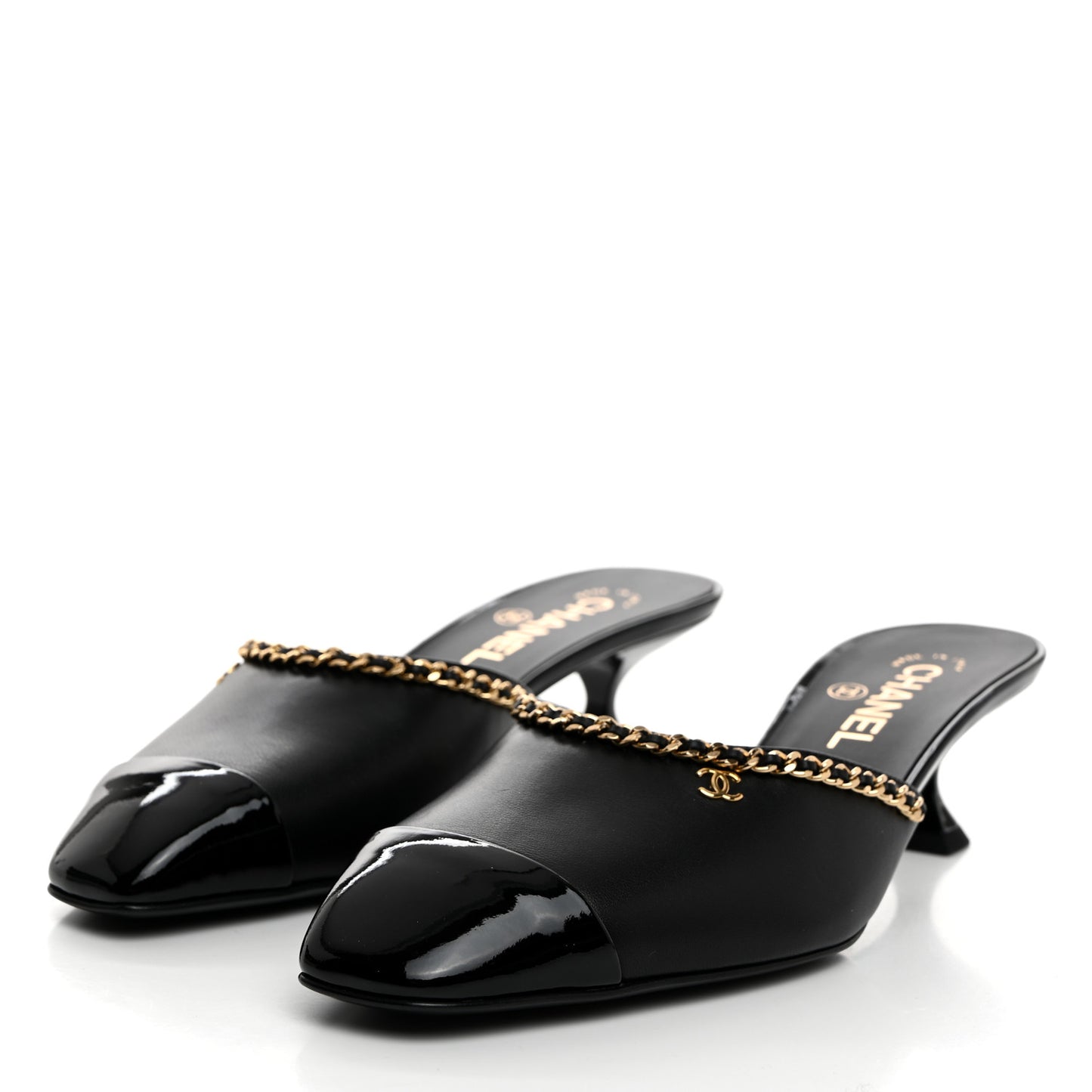 Lambskin Patent Cap Toe Chain Mule 39.5 Black
