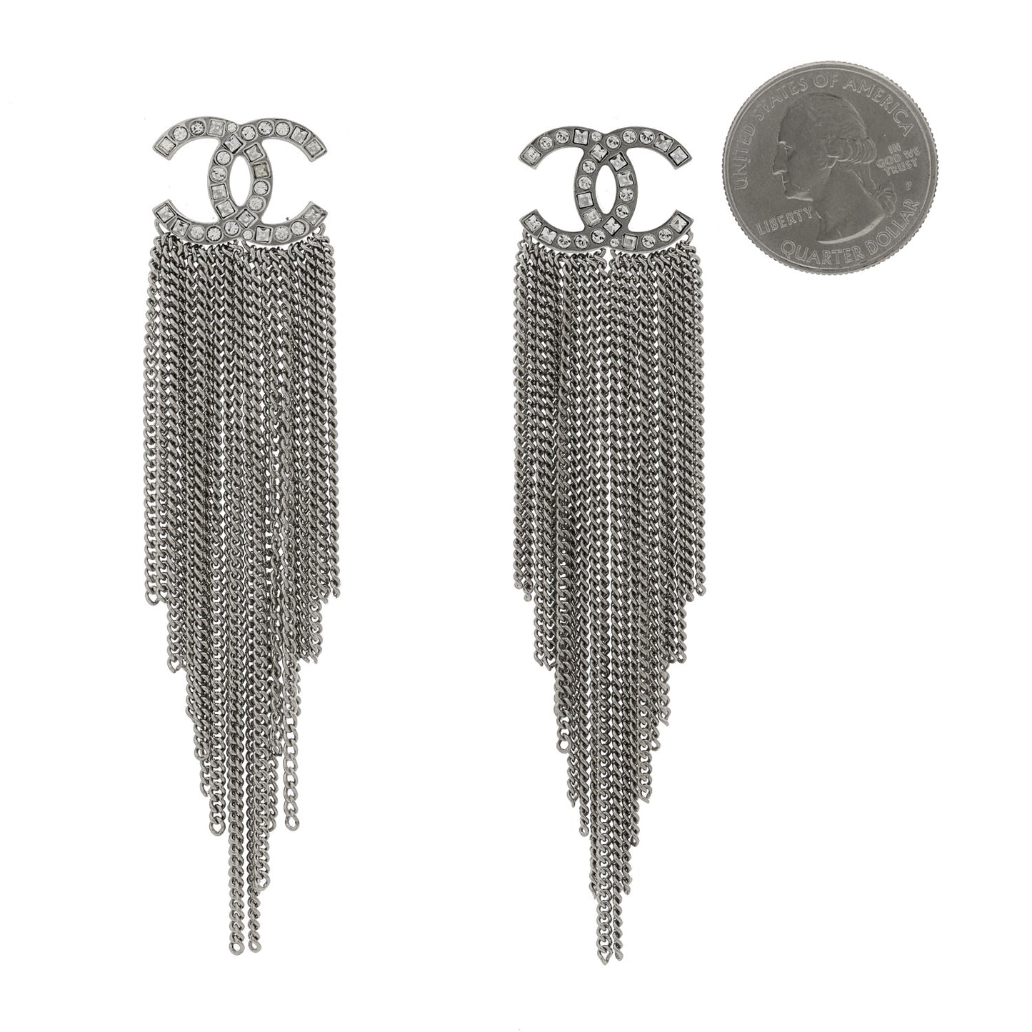 Baguette Crystal CC Chain Drop Earrings Silver