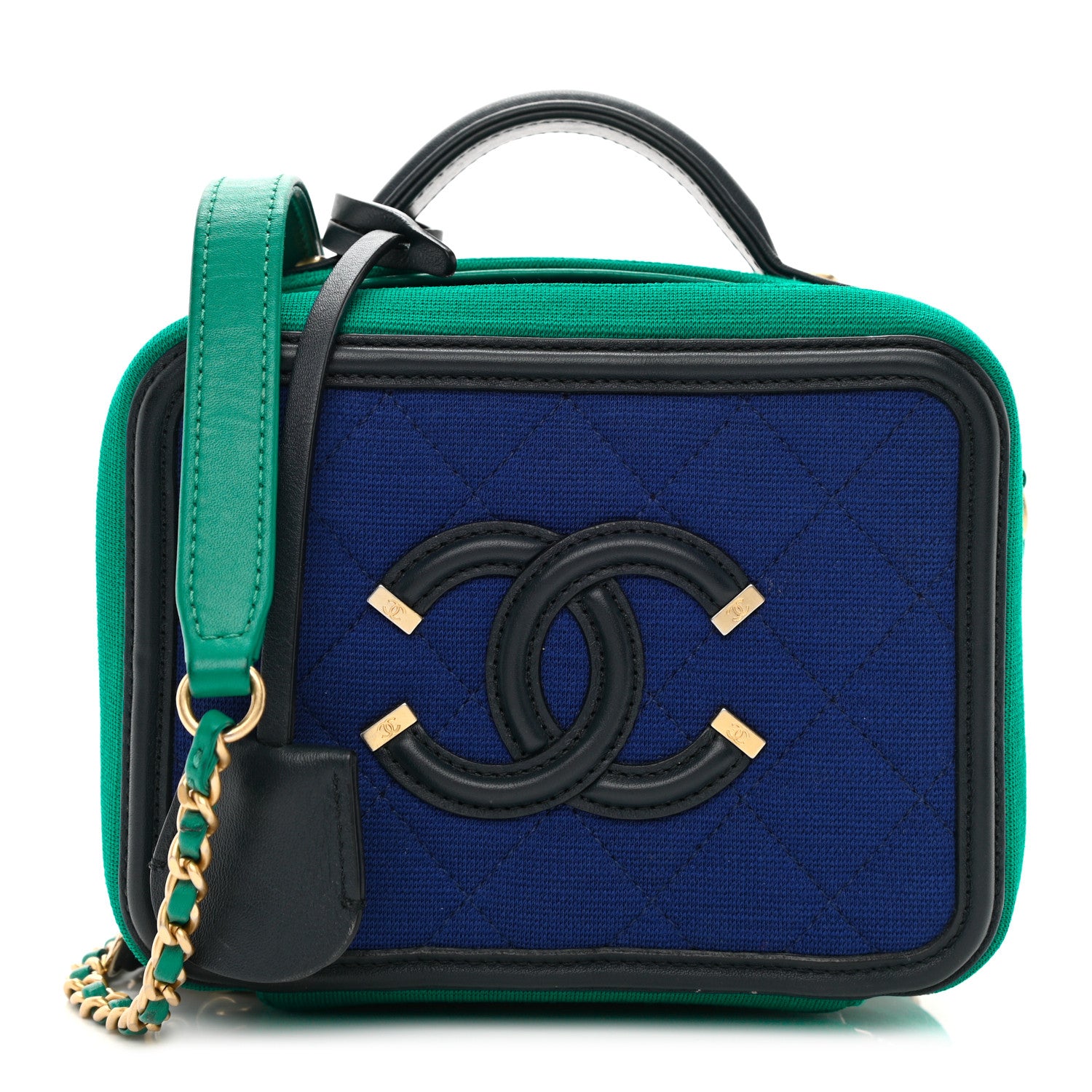 Chanel Jersey Quilted Small CC Filigree Vanity Case Blue Green 1 of 10