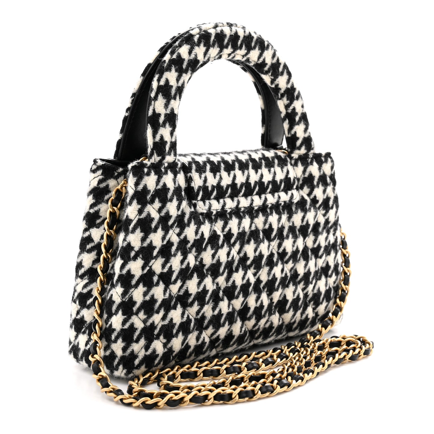 Tweed Houndstooth Quilted Nano Kelly Shopper Black White