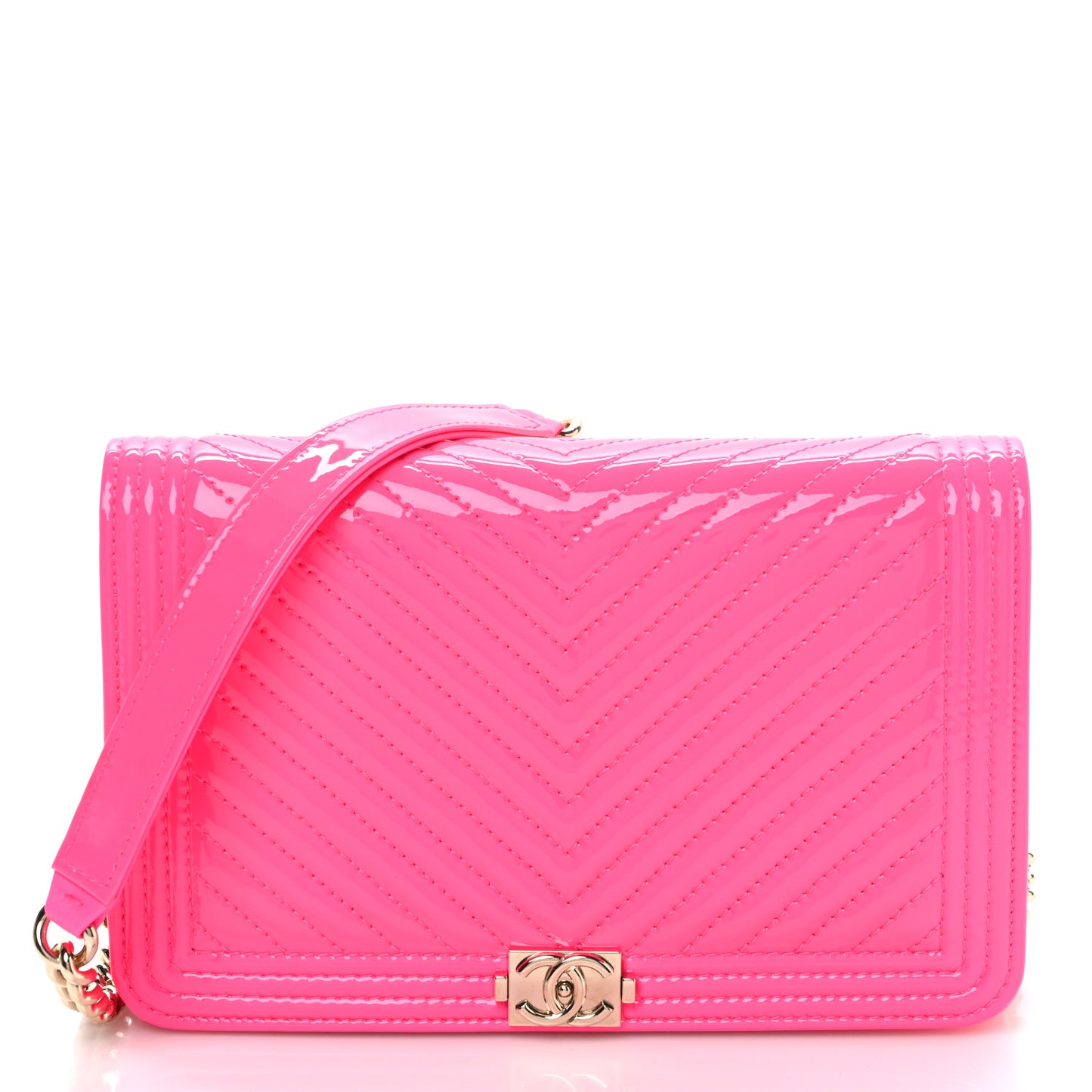 Patent Chevron Quilted Boy Wallet On Chain WOC Neon Pink