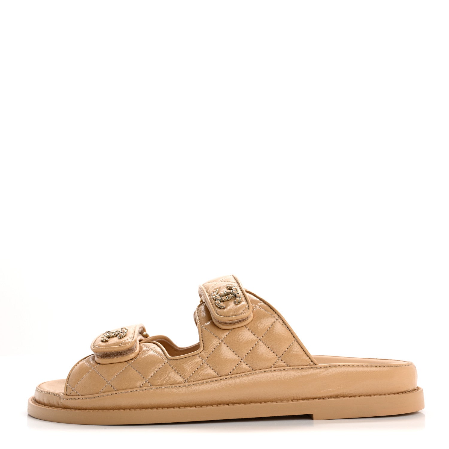 Chanel Lambskin Quilted Velcro Dad Chain CC Slide Sandals 39 Beige 1 of 10