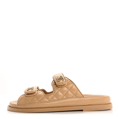 Chanel Lambskin Quilted Velcro Dad Chain CC Slide Sandals 39 Beige 1 of 10