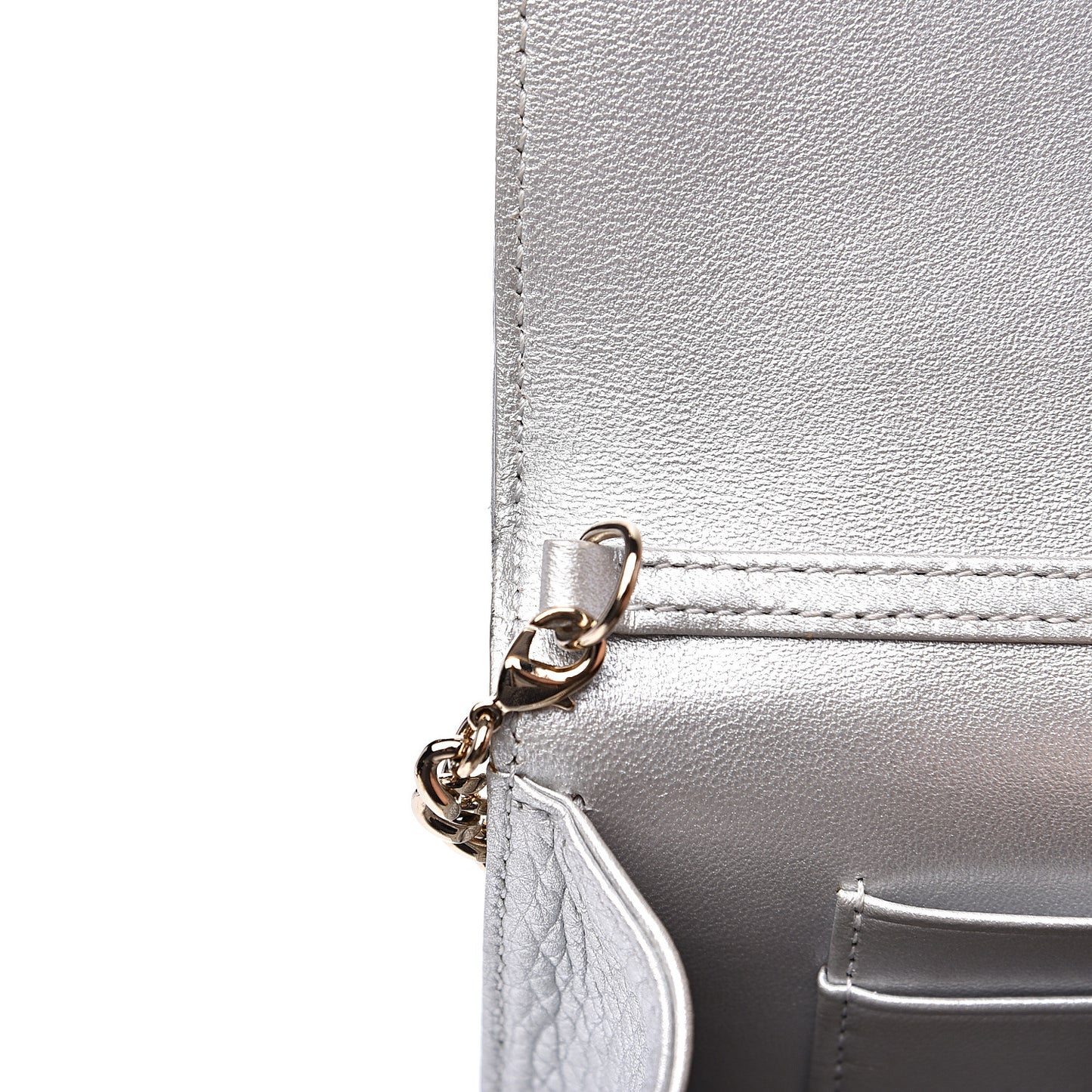 Metallic Grained Calfskin Diorama Wallet on Chain Pouch Silver