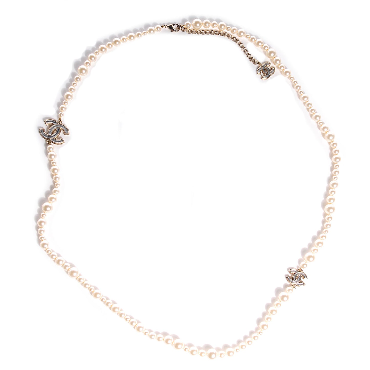 Resin Graduated Pearl CC Long Necklace Light Gold