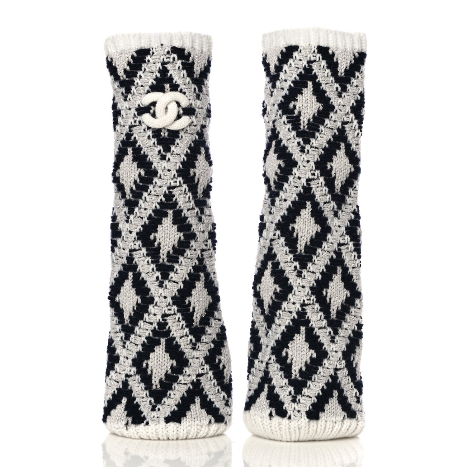 Chanel Cashmere Blend CC Beanie Hat With Gloves Set White Navy Blue 8 of 10
