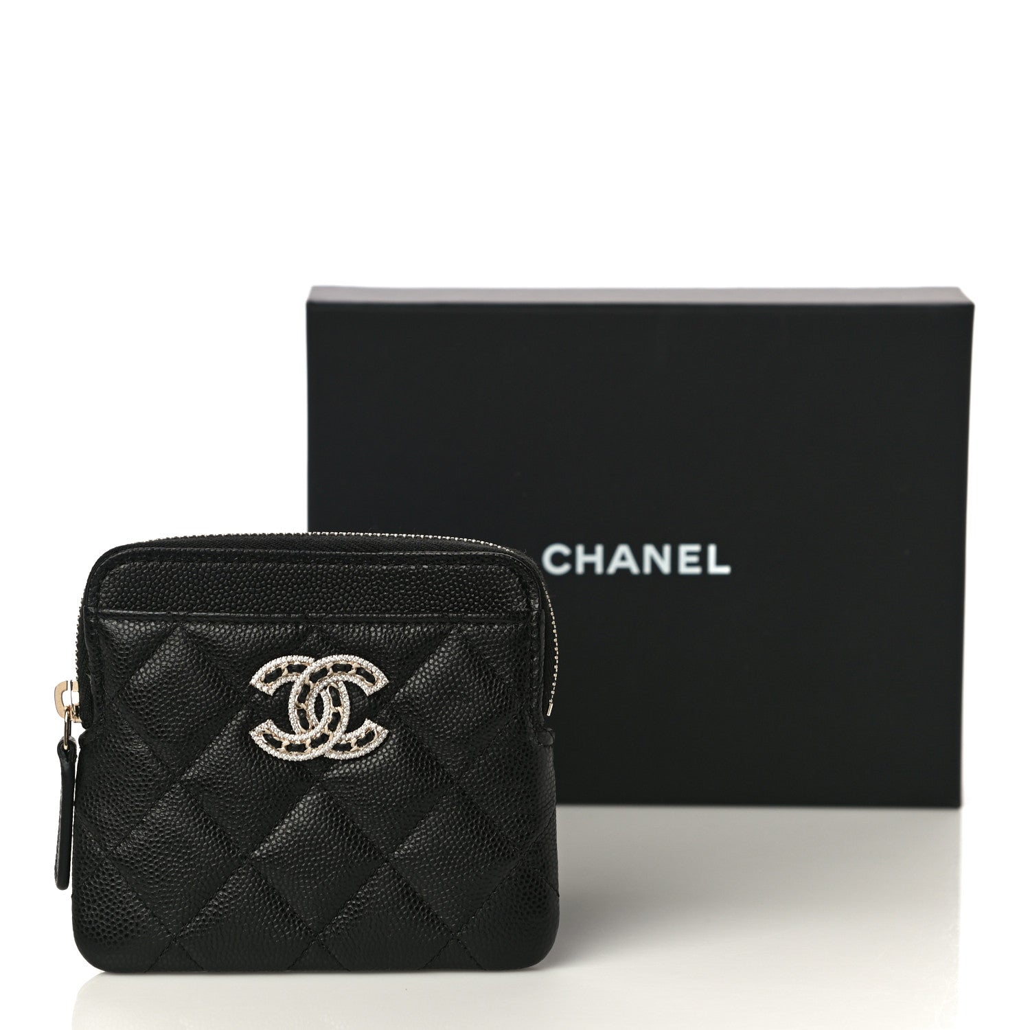 Chanel Caviar Quilted Crystal Zip Card Holder Wallet Black 11 of 11