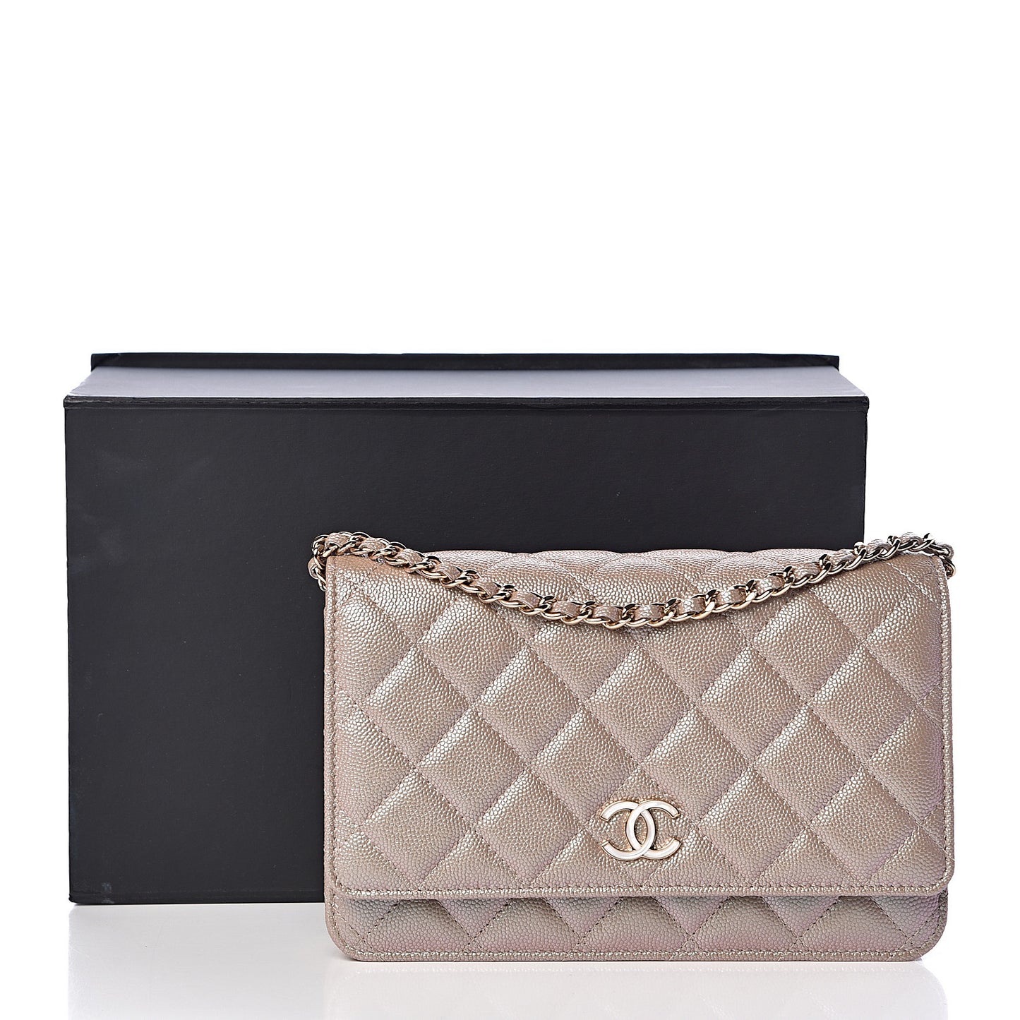 Iridescent Caviar Quilted Wallet On Chain WOC Beige