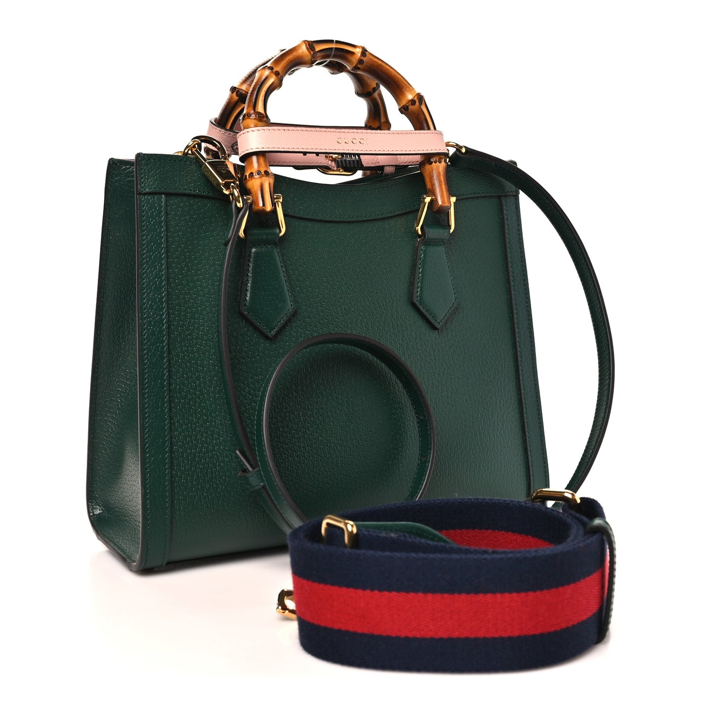 Textured Dollar Calfskin Web Small Diana Tote Bag Vintage Green Powder Pink