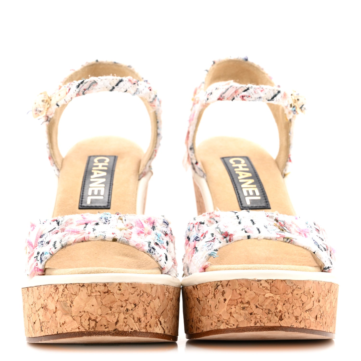 CHANEL ベージュ・ピンク ハイヒール 37C ミュール Chanel Tweed Cork CC Wedge Sandals 37 Ecru Pink Blue Green 1855052