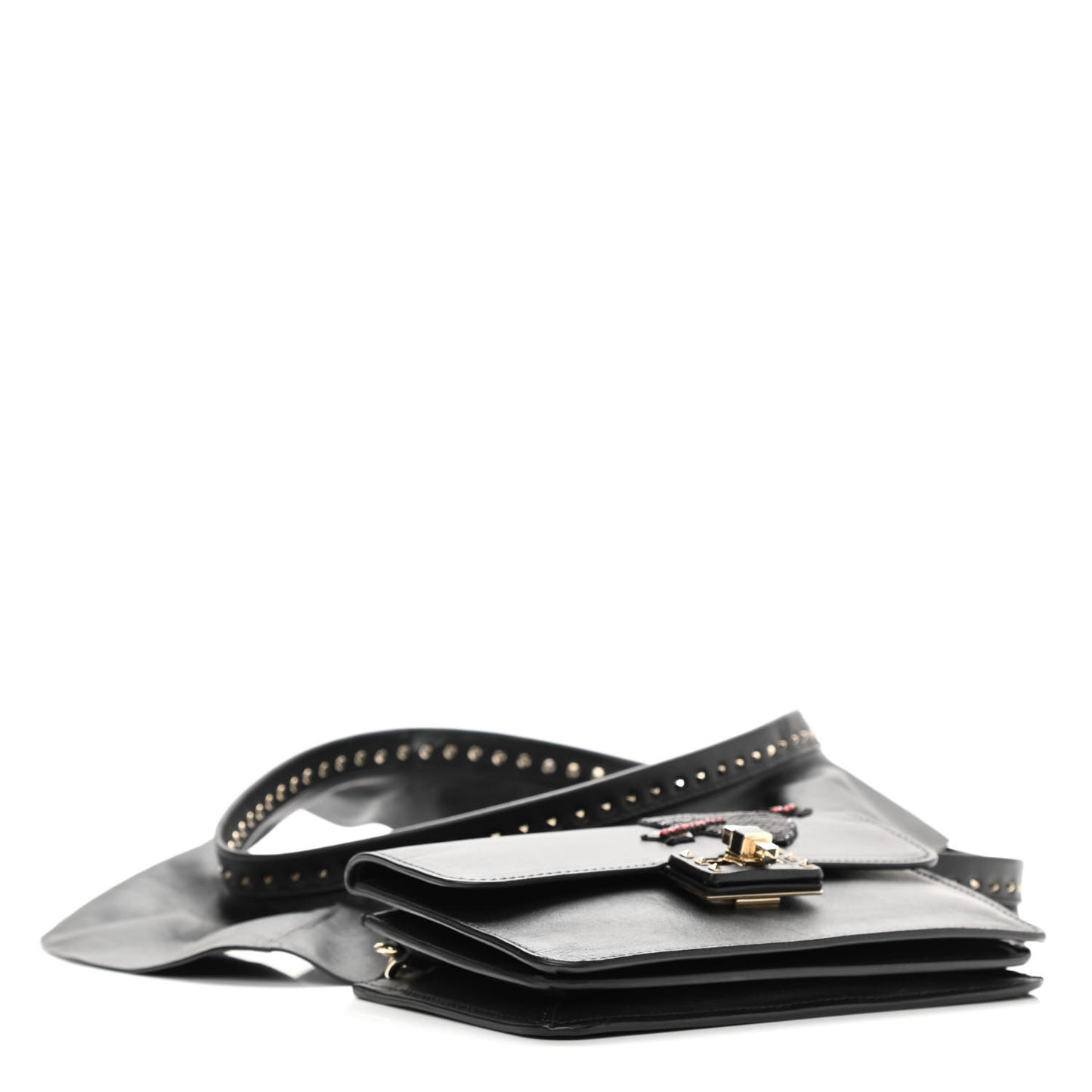 Calfskin Crystal Bead Embellished Mini Rockstud Love Story Ruffle Strap Bag Black
