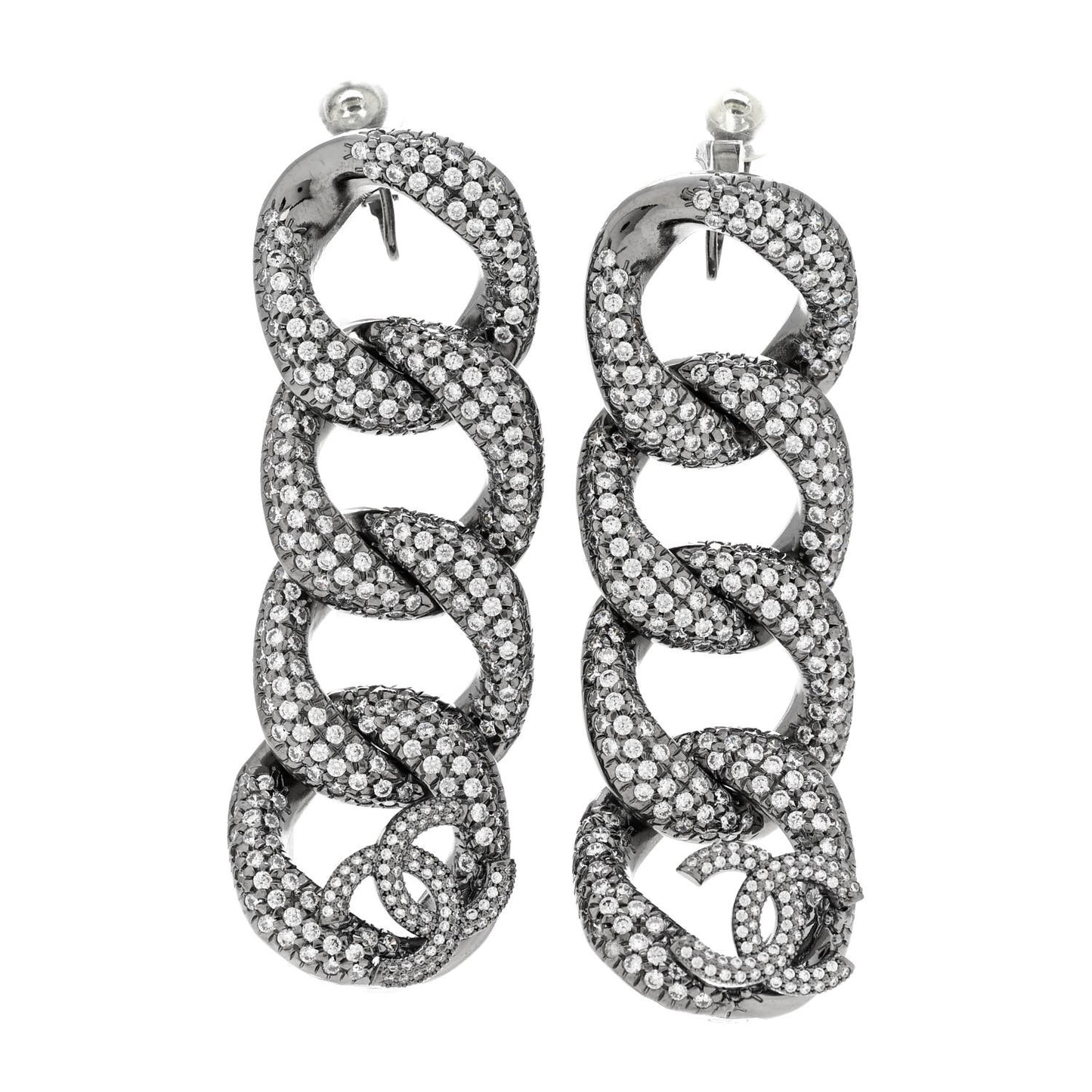 Crystal Chain Link CC Drop Clip On Earrings Black