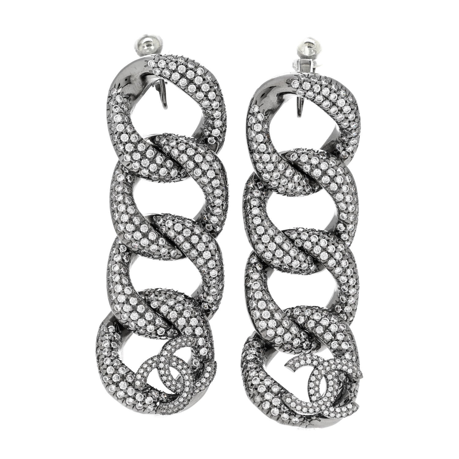 Chanel Crystal Chain Link CC Drop Clip On Earrings Black 1 of 4