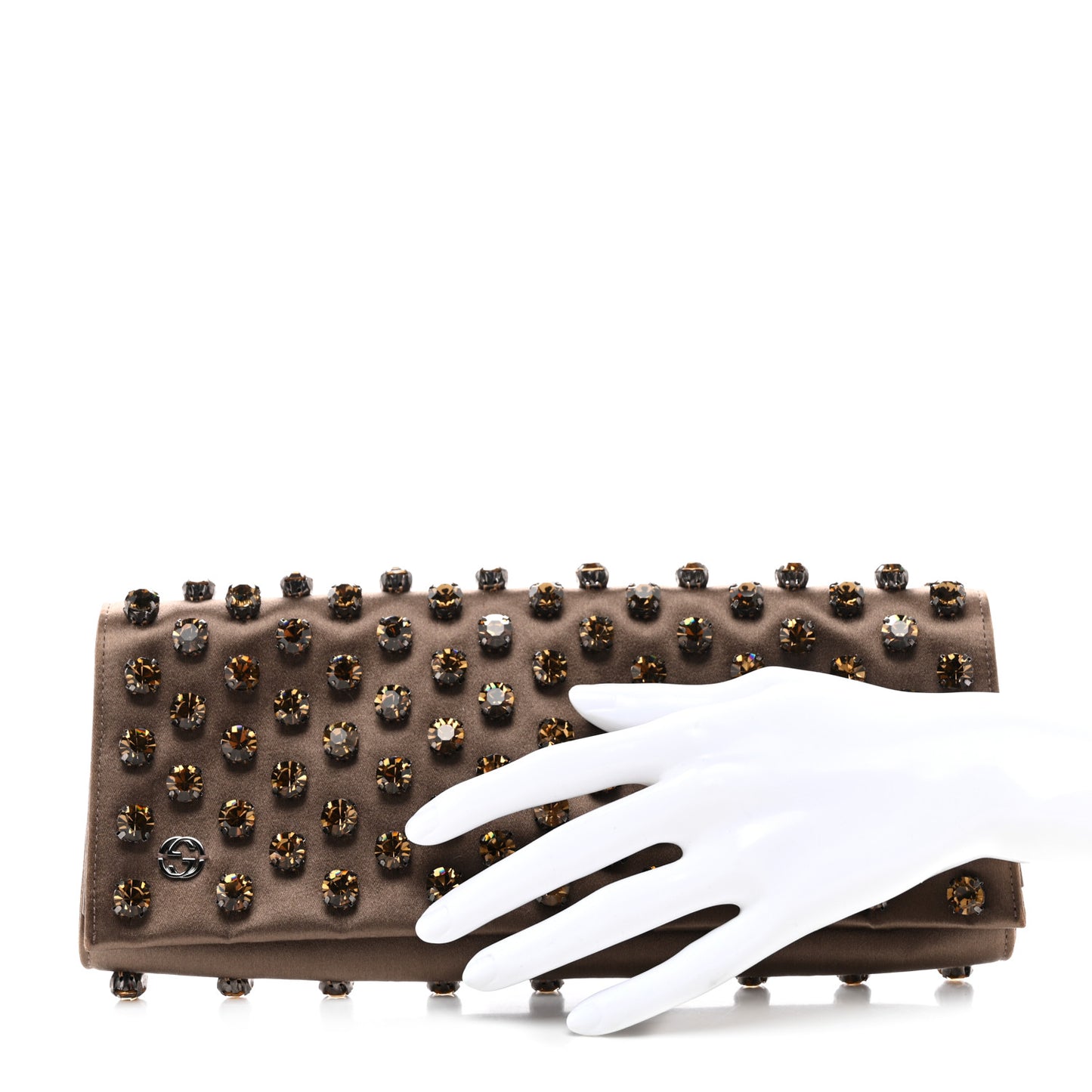 Satin Crystal Embellished Clutch Brown