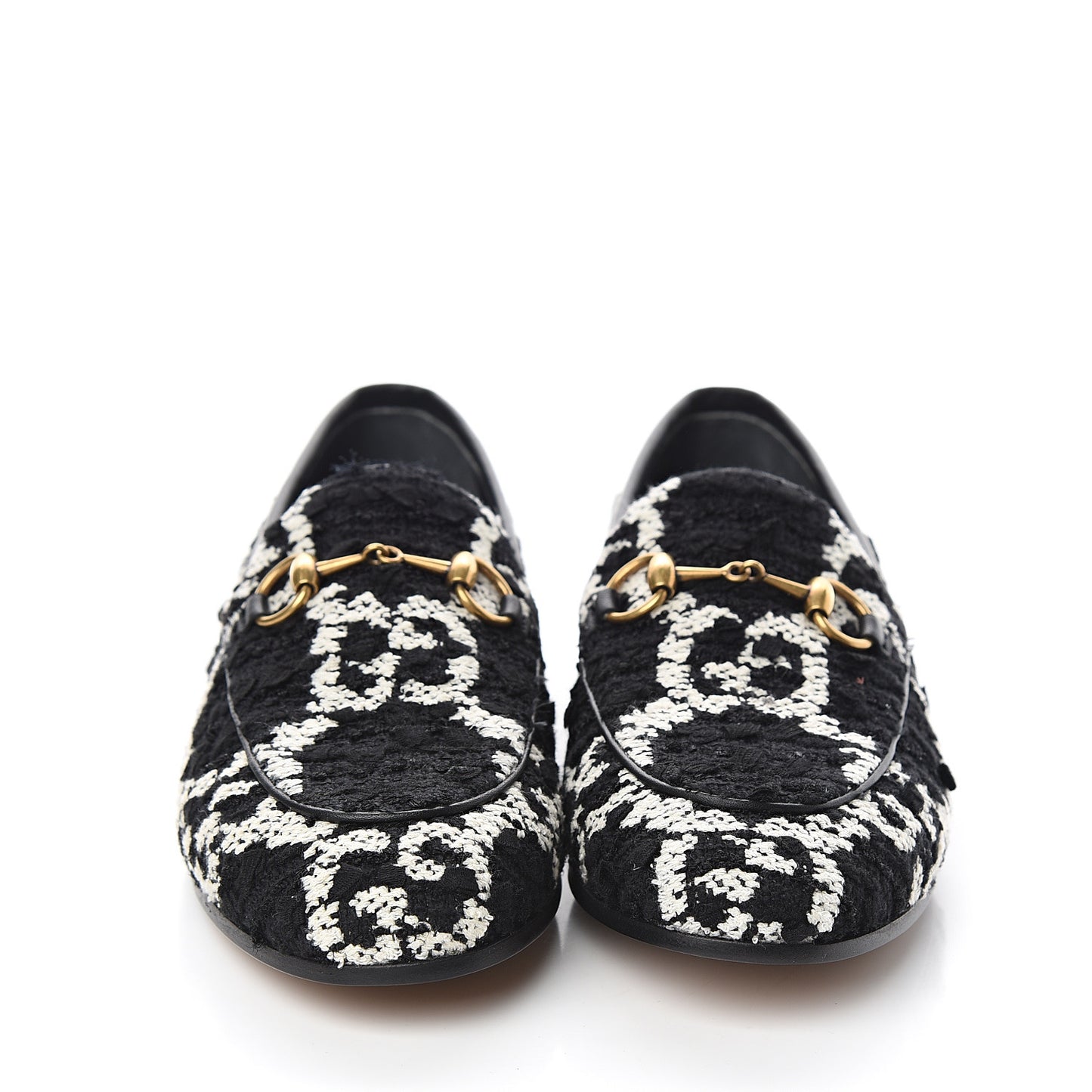 Tweed GG Monogram Horsebit Womens Jordaan Loafers 35 Black Natural