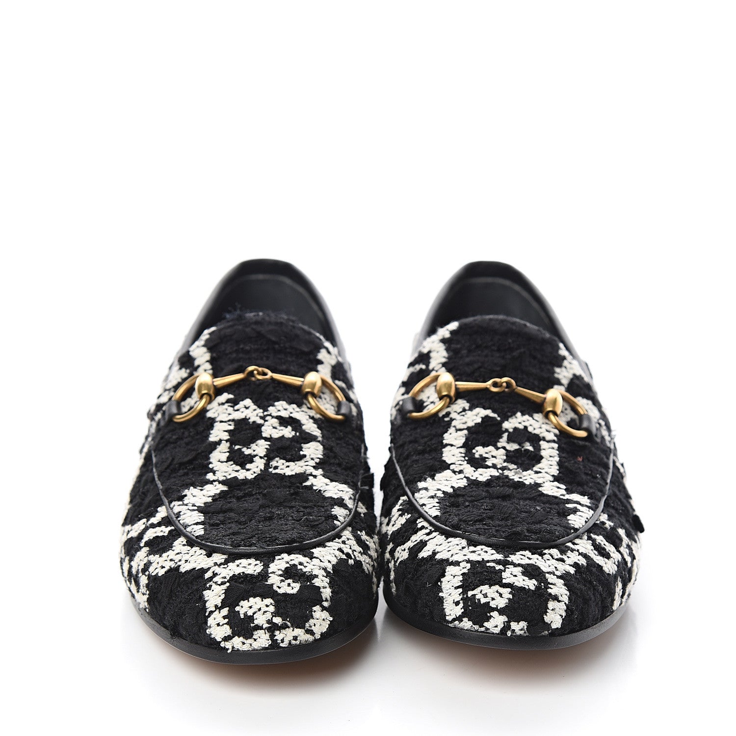 Gucci Tweed GG Monogram Horsebit Womens Jordaan Loafers 35 Black Natural 2 of 9
