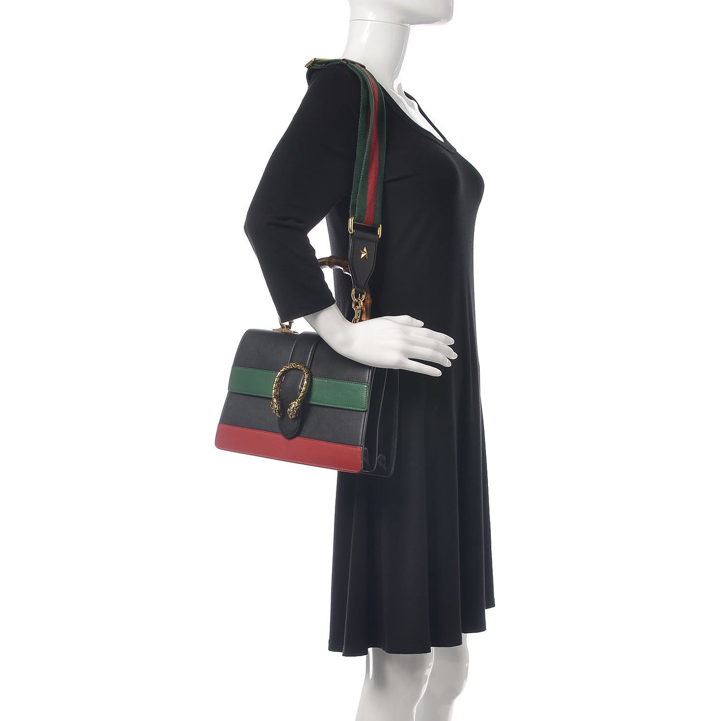 Moon Calfskin Web Medium Dionysus Bamboo Top Handle Bag Black Bright Evergreen Hibiscus Red