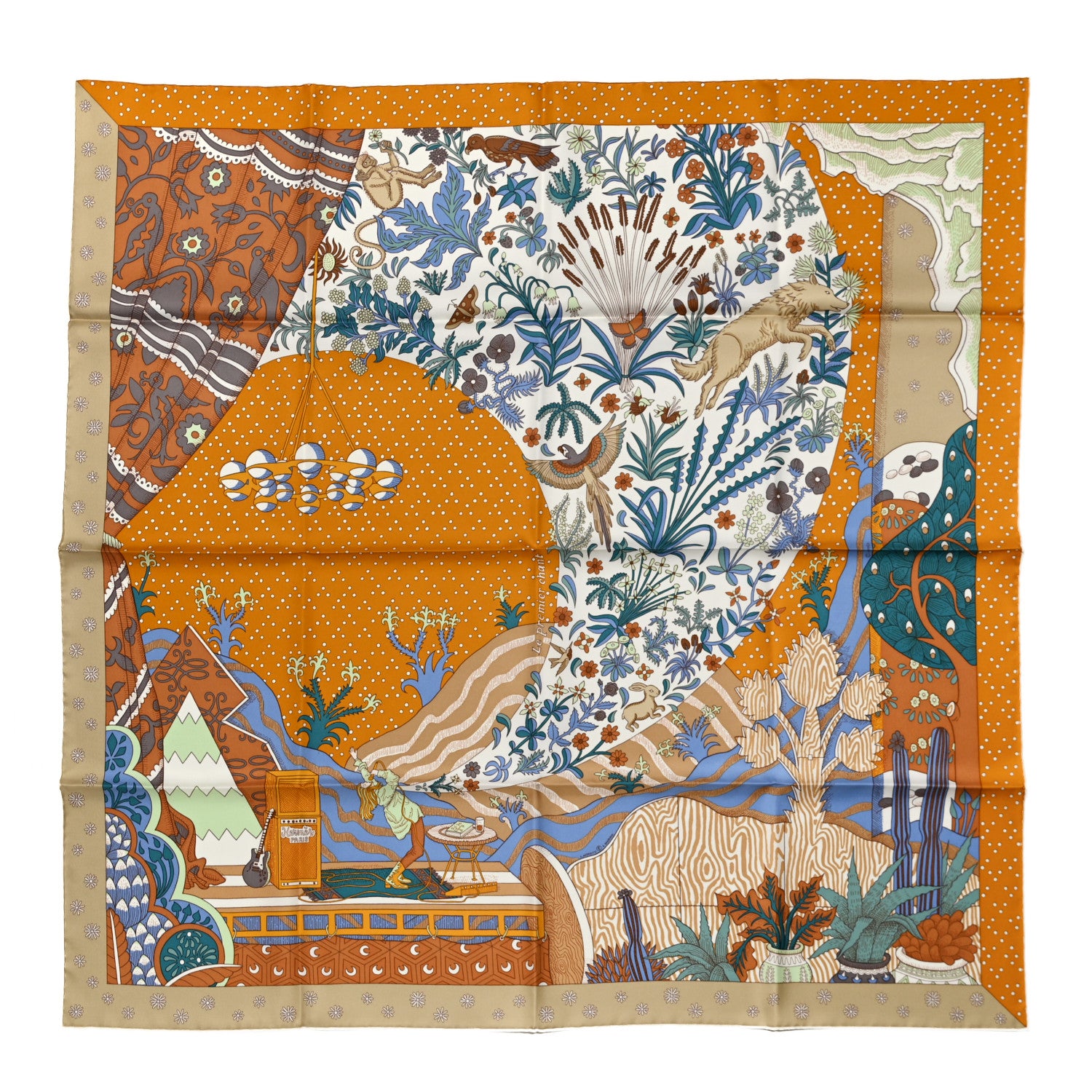 Hermes Silk Le Premier Chant Scarf 90 Caramel White Vert 1 of 6