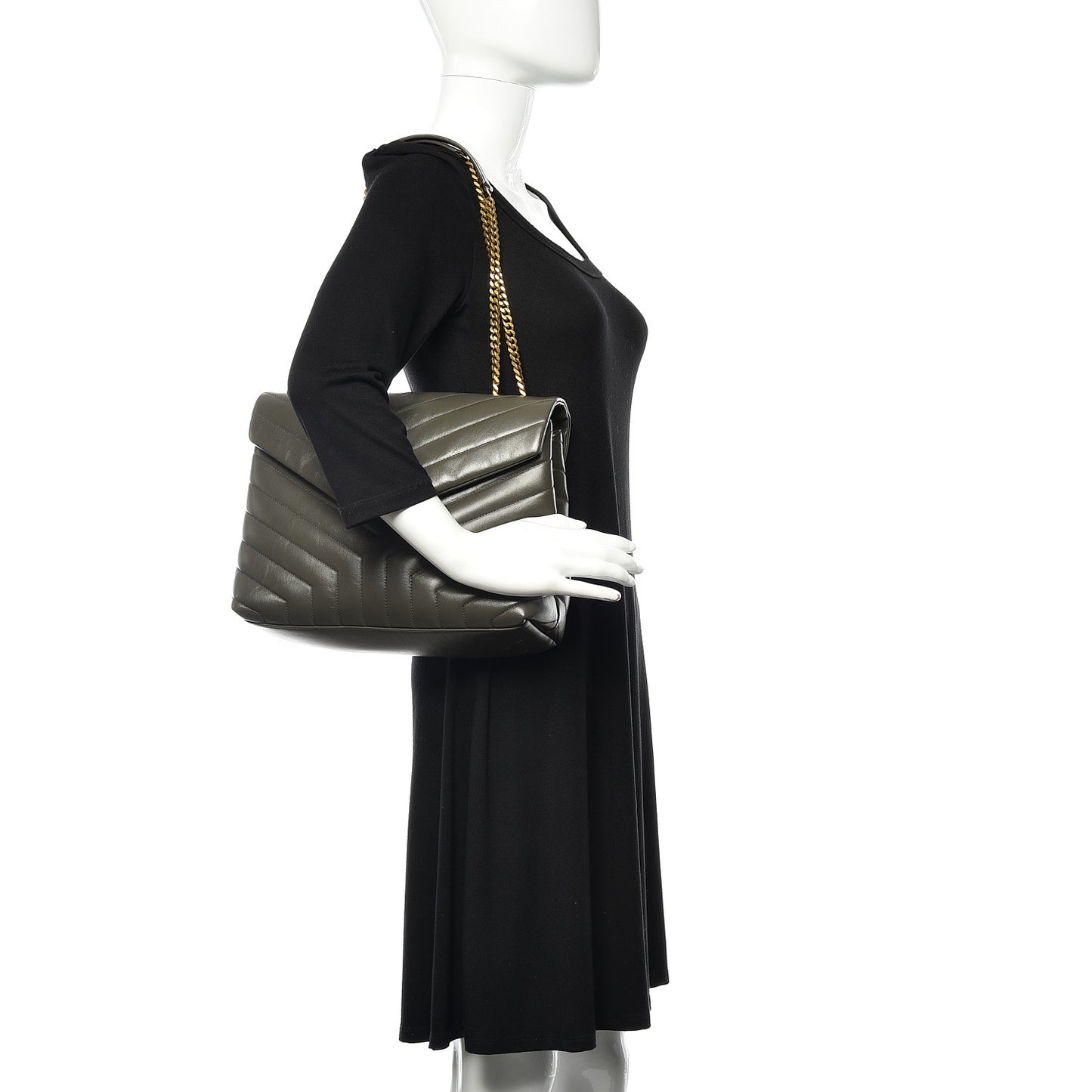Calfskin Y Quilted Monogram Medium Loulou Chain Satchel Kaki Fonce