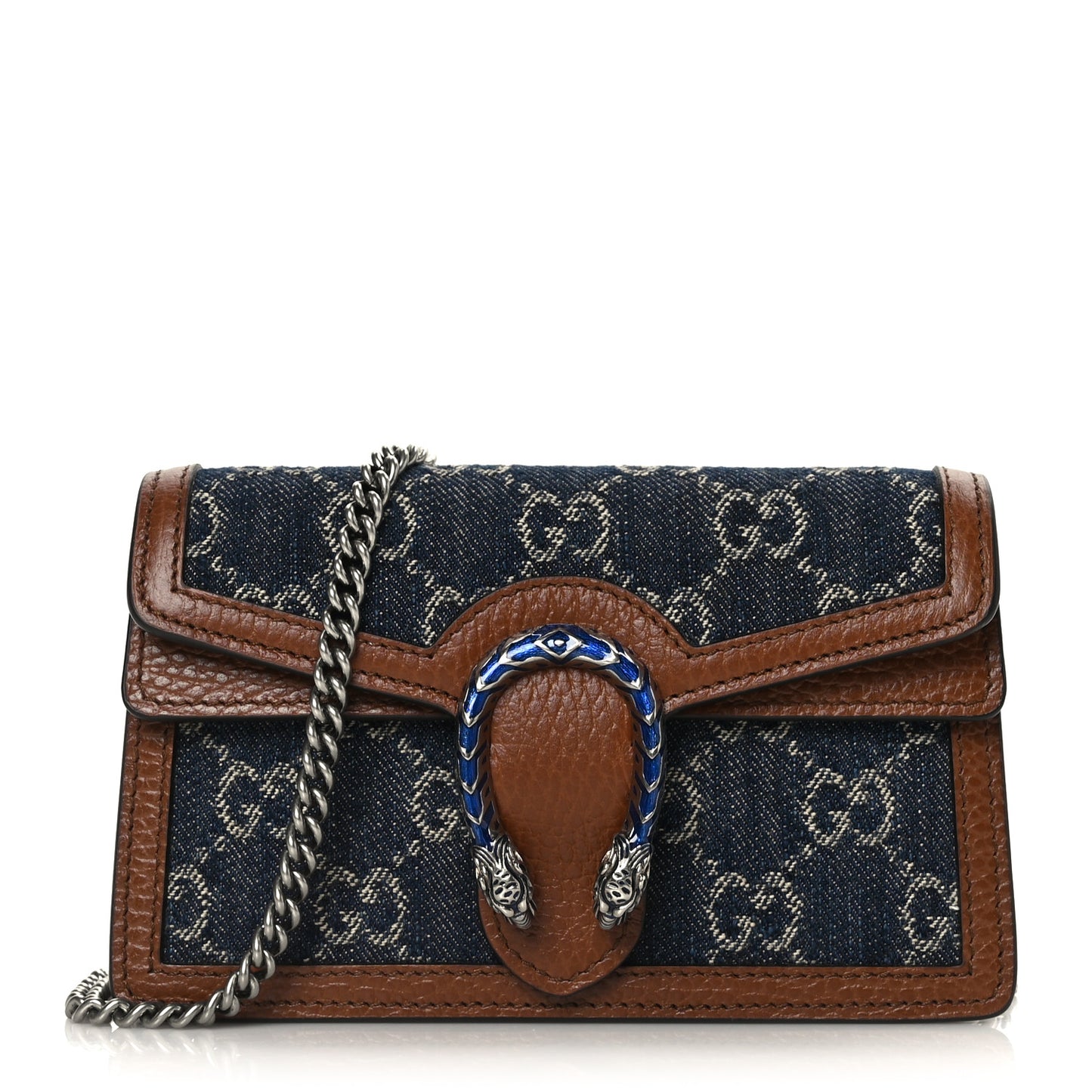 New Denim GG Monogram Dollar Calfskin Enamel Super Mini Dionysus Shoulder Bag Blue Tea Cuir Epilog Electric Blue