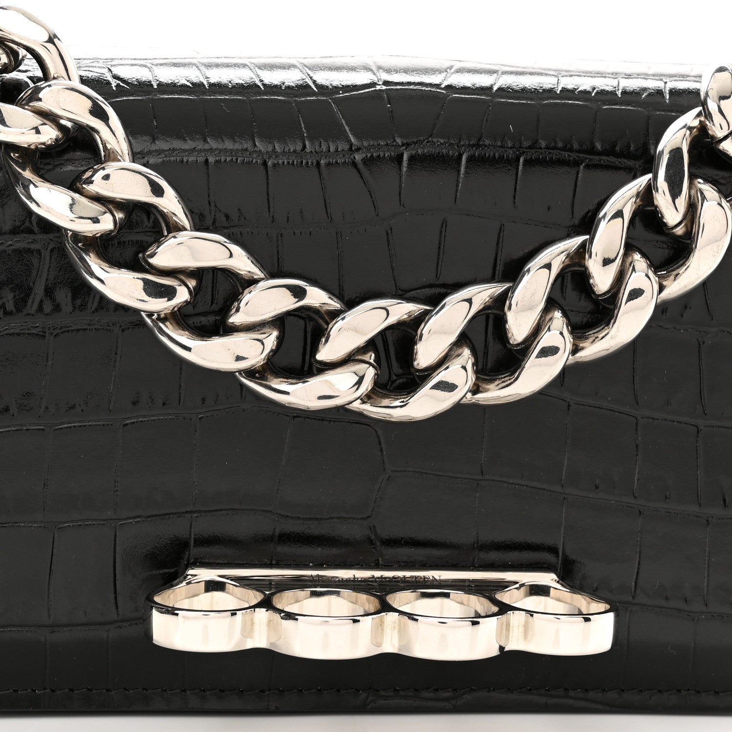 Alexander McQueen Croc Four Ring Knuckle Mini Chain Clutch Black 8 of 13