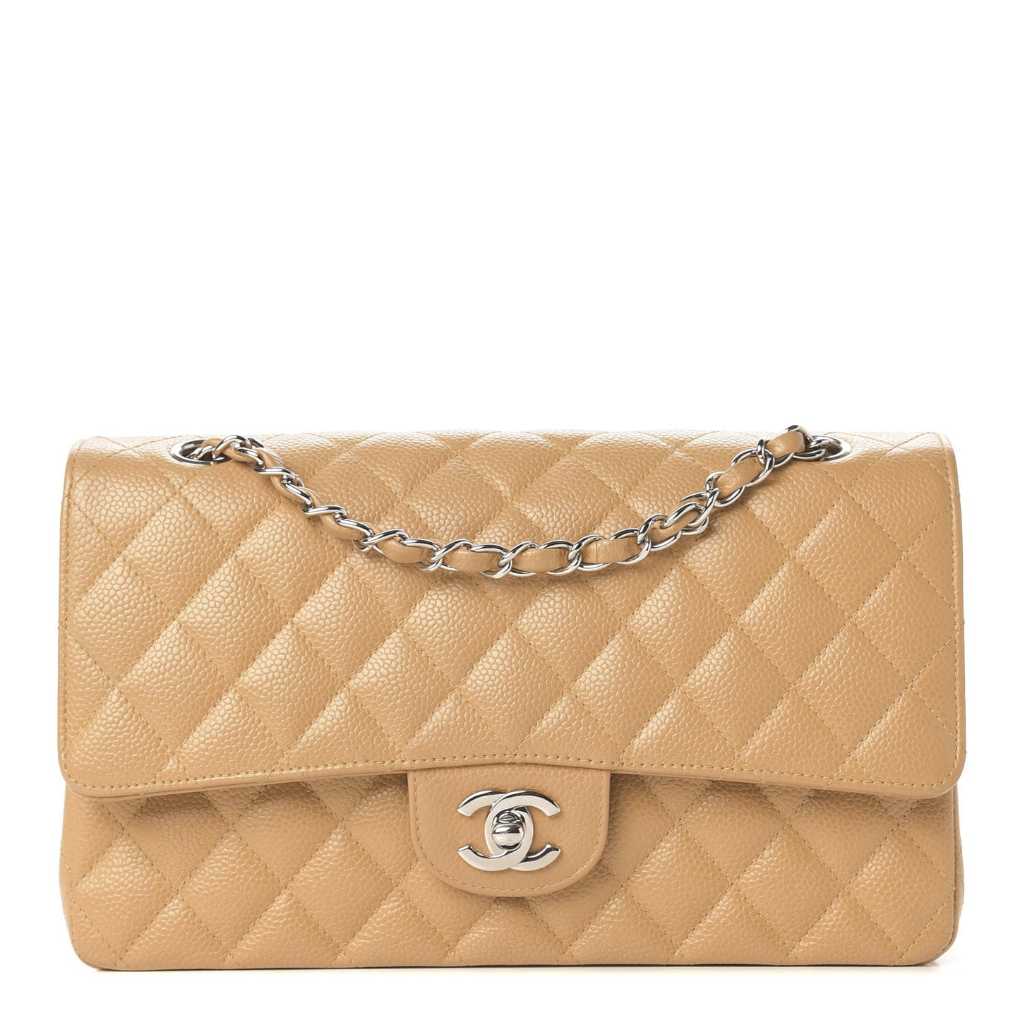 Caviar Quilted Medium Double Flap Beige