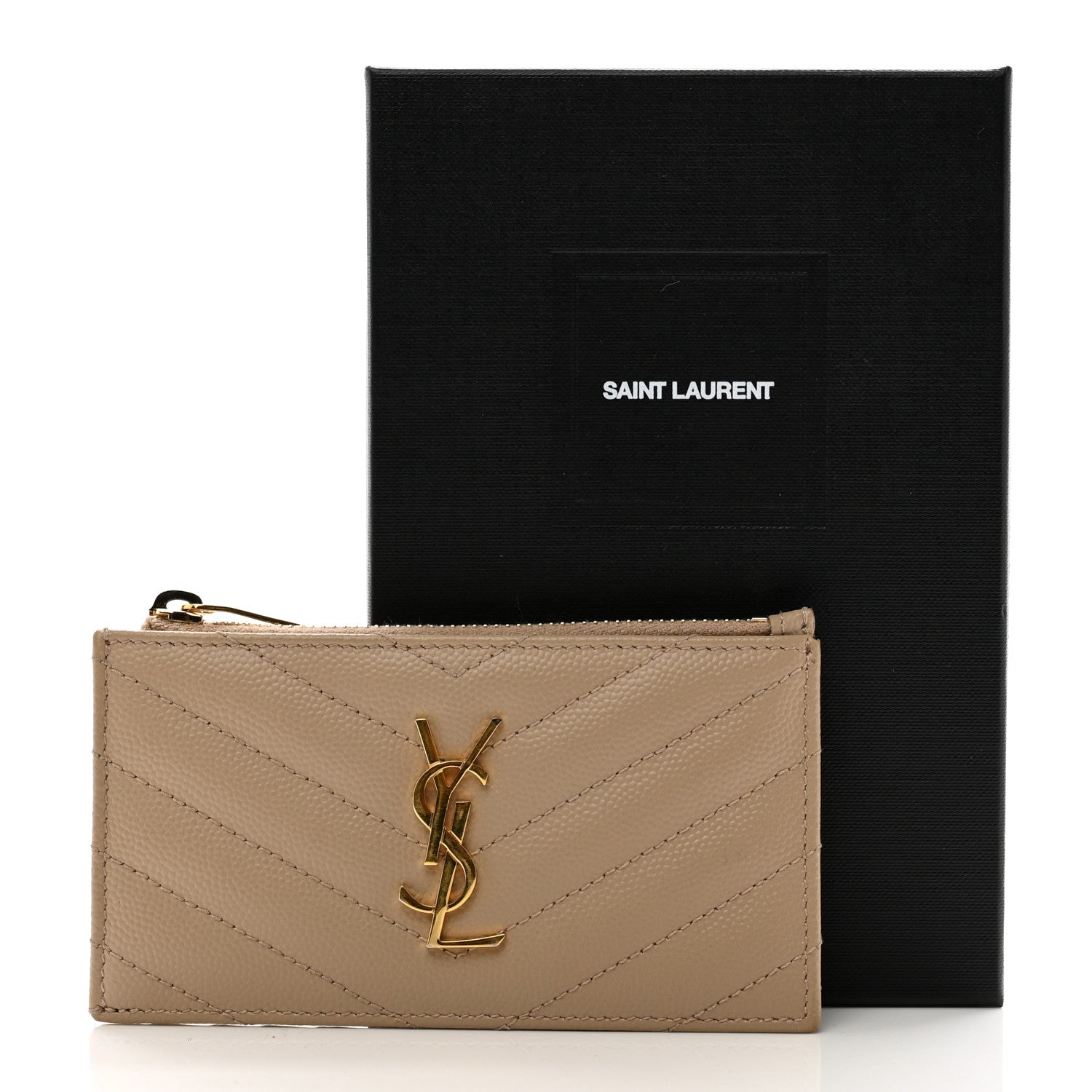 Saint Laurent Grain De Poudre Matelasse Chevron Monogram Fragments Zippered Card Case Deep Beige 3 of 8
