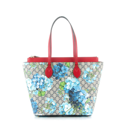 Gucci GG Supreme Monogram Blooms Medium Zippered Bucket Tote Beige Blue Navy Hibiscus Red 1 of 7