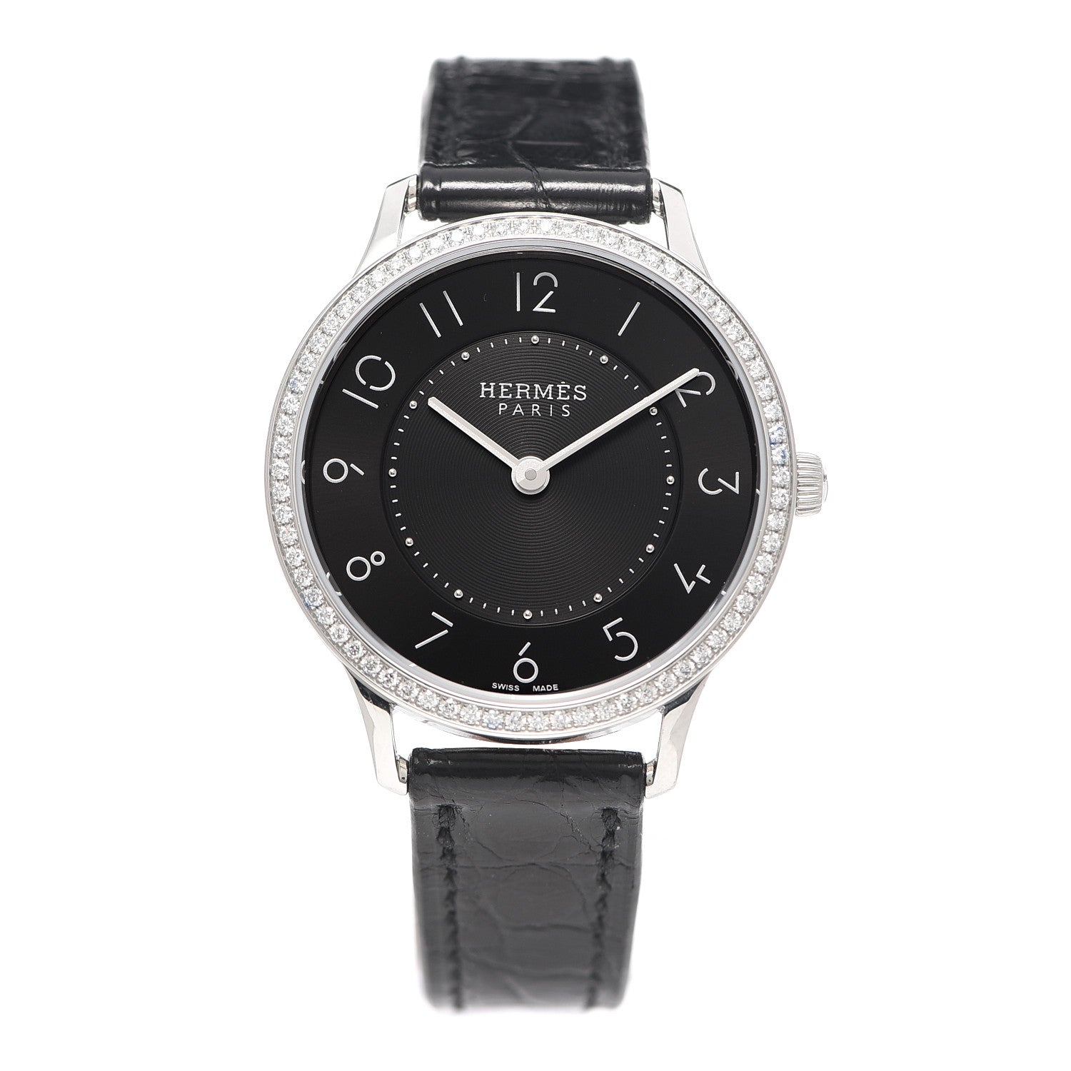Hermes Stainless Steel Alligator Diamond 25mm Slim d'Hermes Quartz Watch Noir 1 of 10