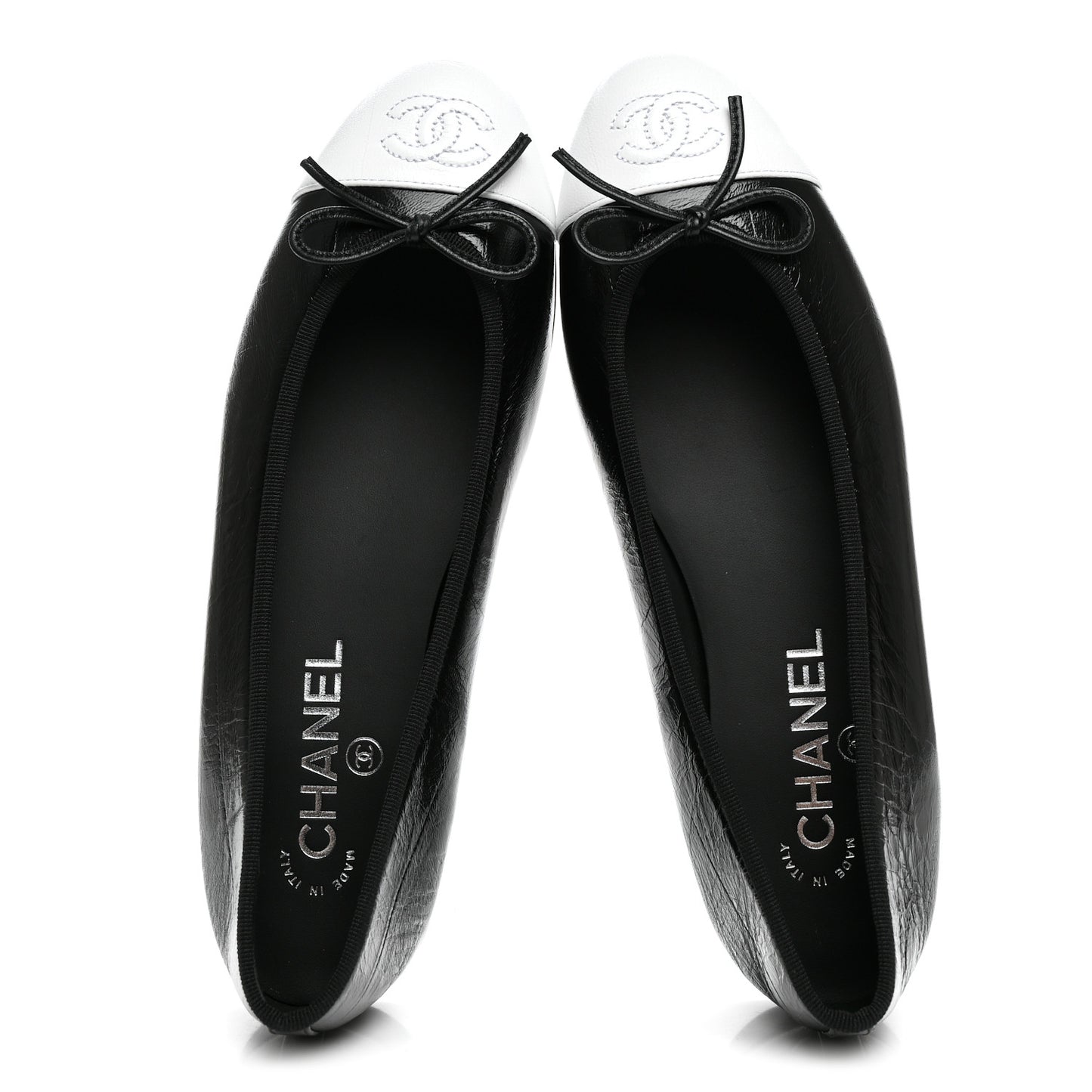 Crumpled Shiny Lambskin Cap Toe CC Ballerina Flats 38 Black White