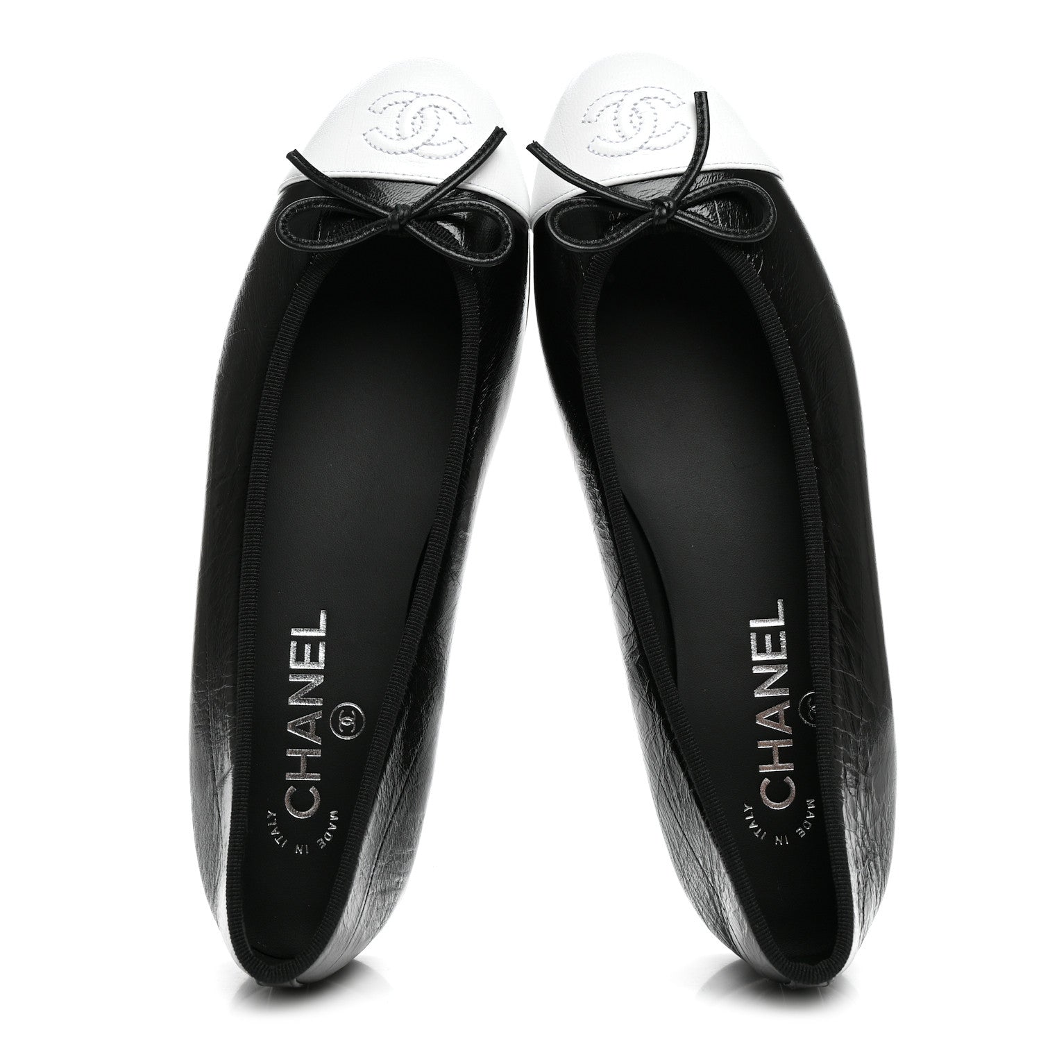 Chanel Crumpled Shiny Lambskin Cap Toe CC Ballerina Flats 38 Black White 2 of 9
