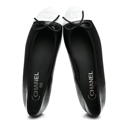 Chanel Crumpled Shiny Lambskin Cap Toe CC Ballerina Flats 38 Black White 2 of 9
