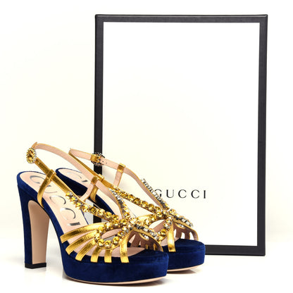 Gucci Velvet Nappa Crystal Zephyra Slingback Platform High Heel Sandals 37.5 Blue Gold 10 of 10