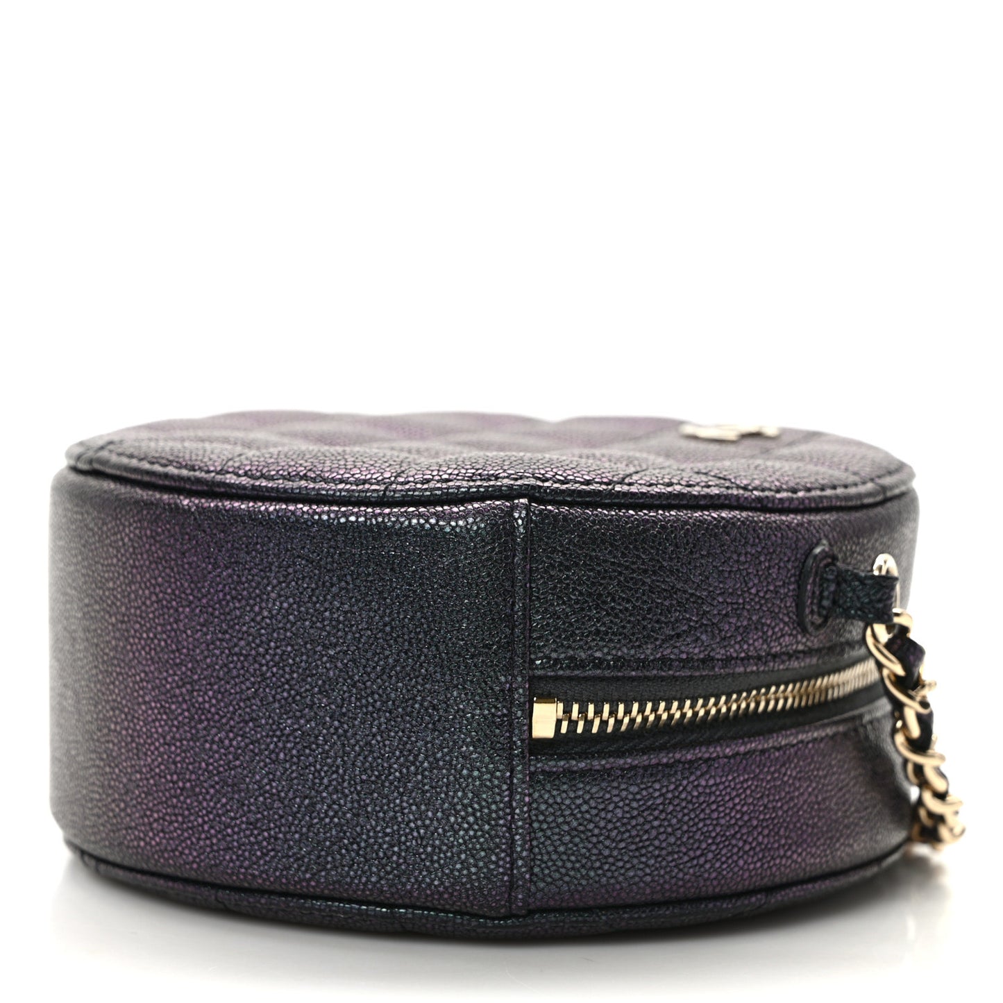 Iridescent Caviar Quilted Round Clutch With Chain Black