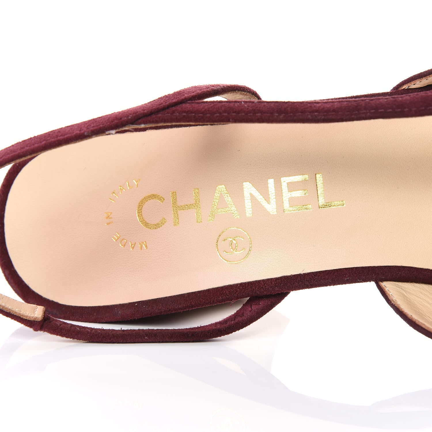 Chanel Kid Suede Metallic Lambskin Cap Toe CC Slingback Pumps 37.5 Burgundy Gold 7 of 8