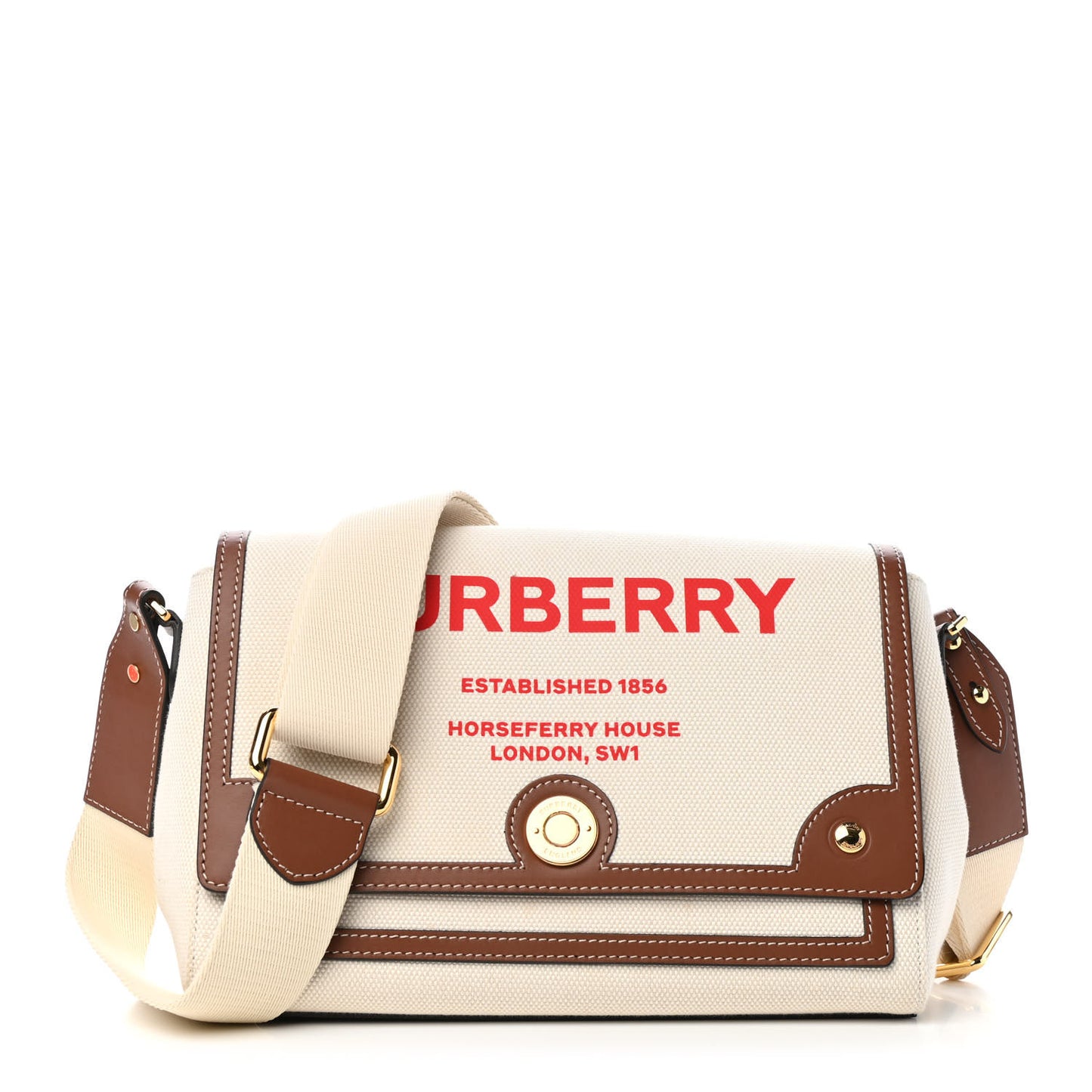 Canvas Horseferry Print Note Crossbody Bag Natural Tan Fiery Red