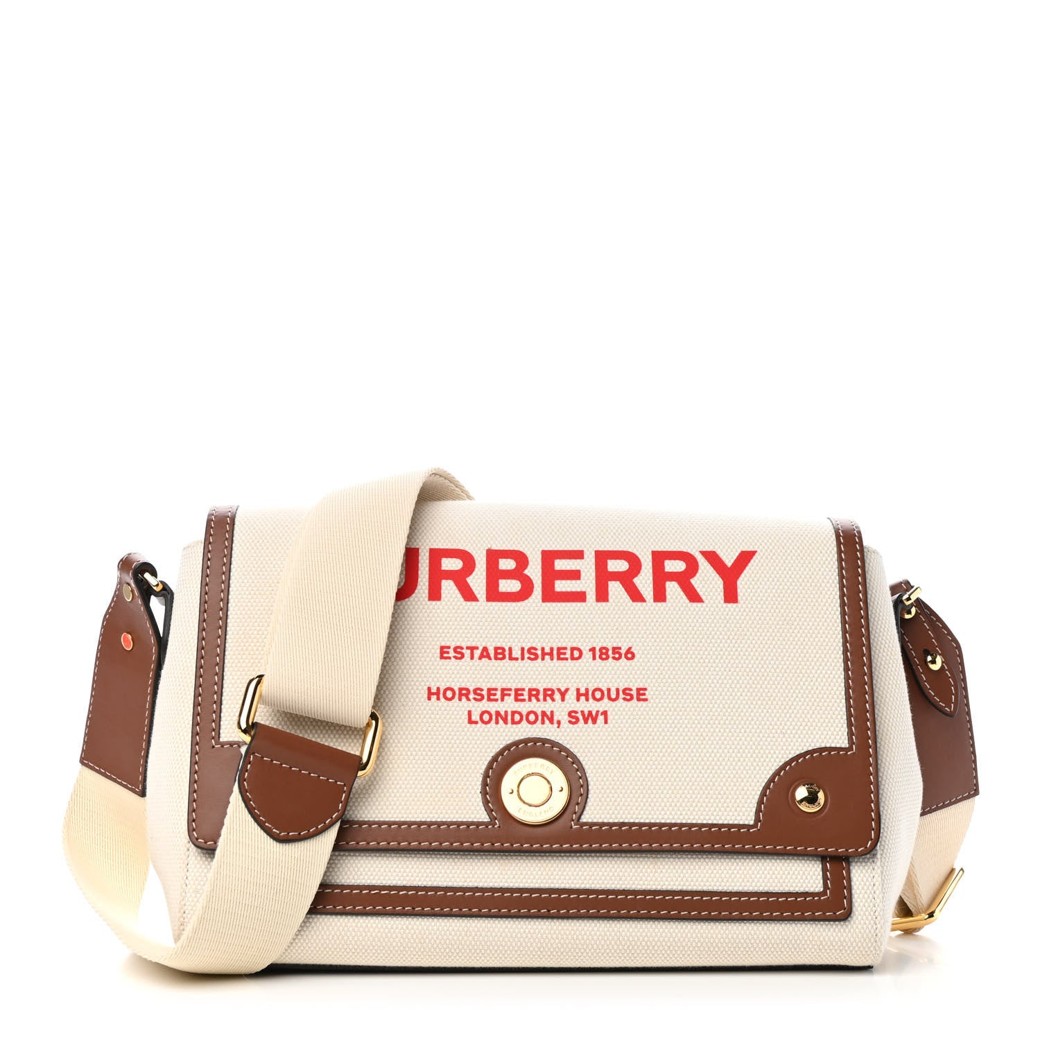 Burberry Canvas Horseferry Print Note Crossbody Bag Natural Tan Fiery Red 1 of 4