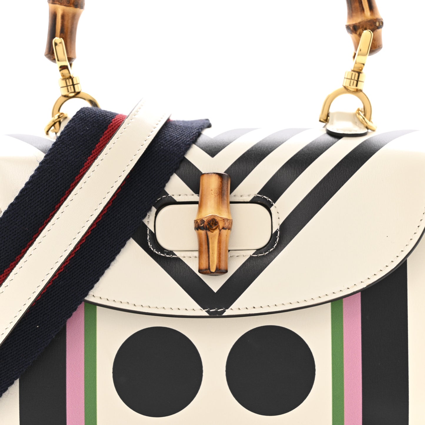 Calfskin Web Geometric Print Small Bamboo 1947 Top Handle Bag White Multicolor