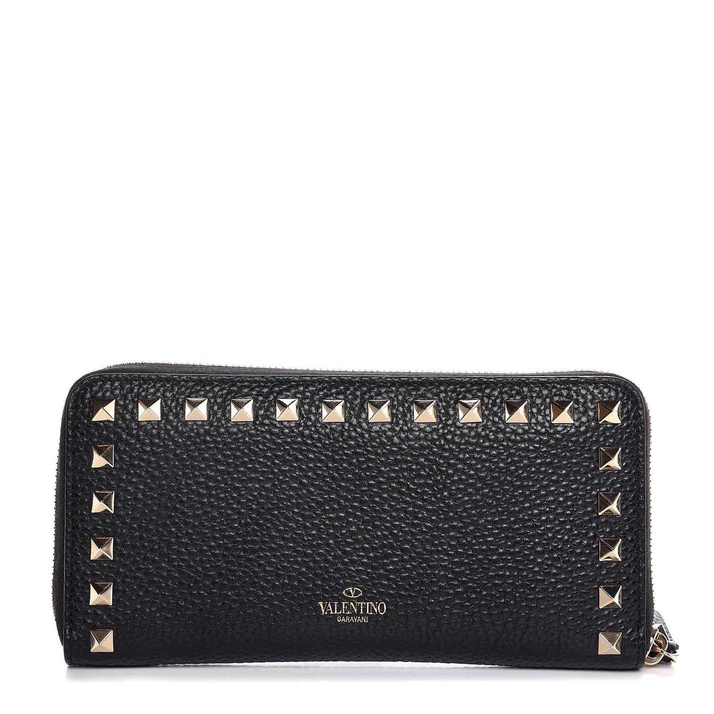 Pebbled Calfskin Rockstud Zip Around Wallet Black