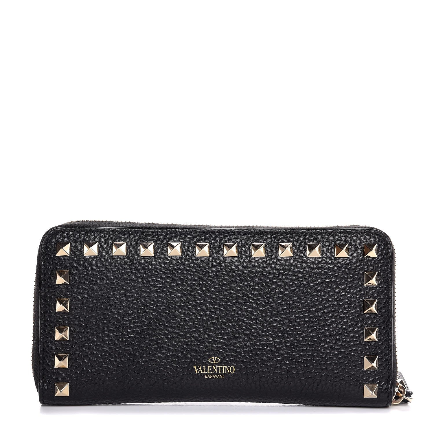 Valentino Garavani Pebbled Calfskin Rockstud Zip Around Wallet Black 1 of 8