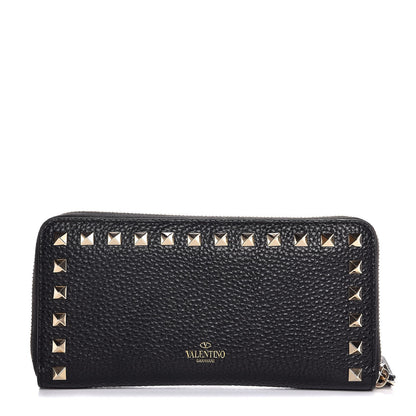 Valentino Garavani Pebbled Calfskin Rockstud Zip Around Wallet Black 1 of 8