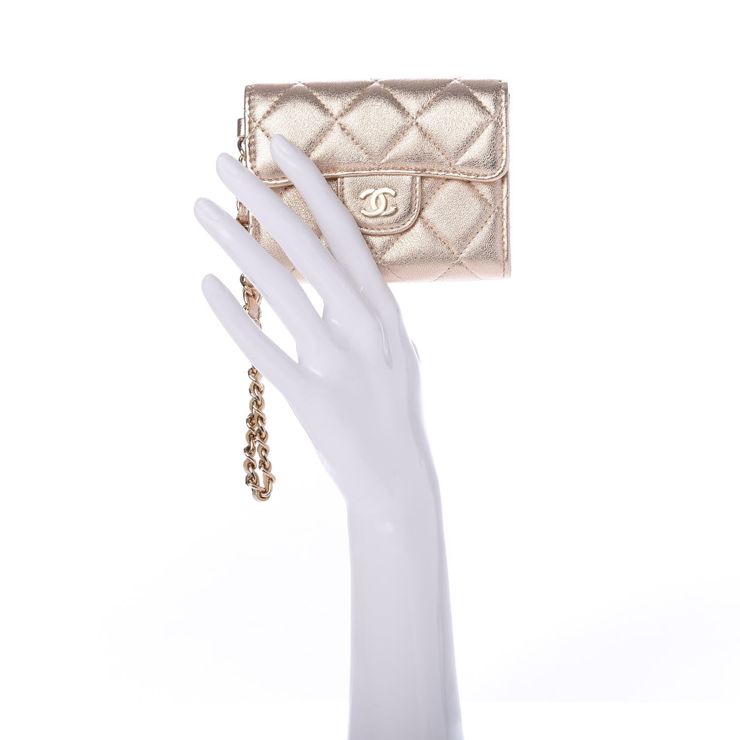 Chanel Metallic Lambskin Quilted Flap Card Holder Chain Wristlet Gold 2 of 9