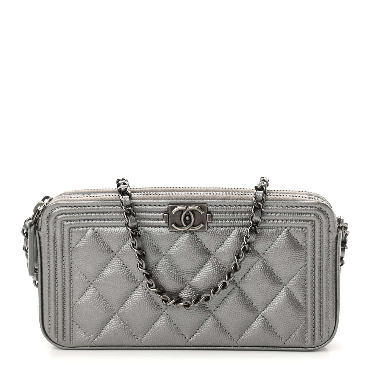 Metallic Caviar Quilted Small Boy Clutch With Chain Silver