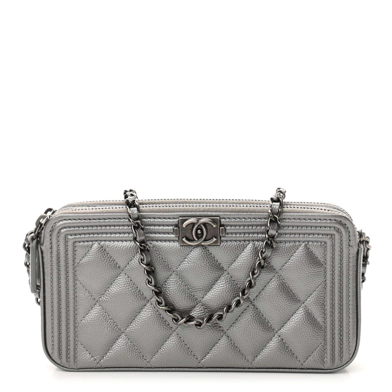 Chanel Metallic Caviar Quilted Small Boy Clutch With Chain Silver 1 of 14