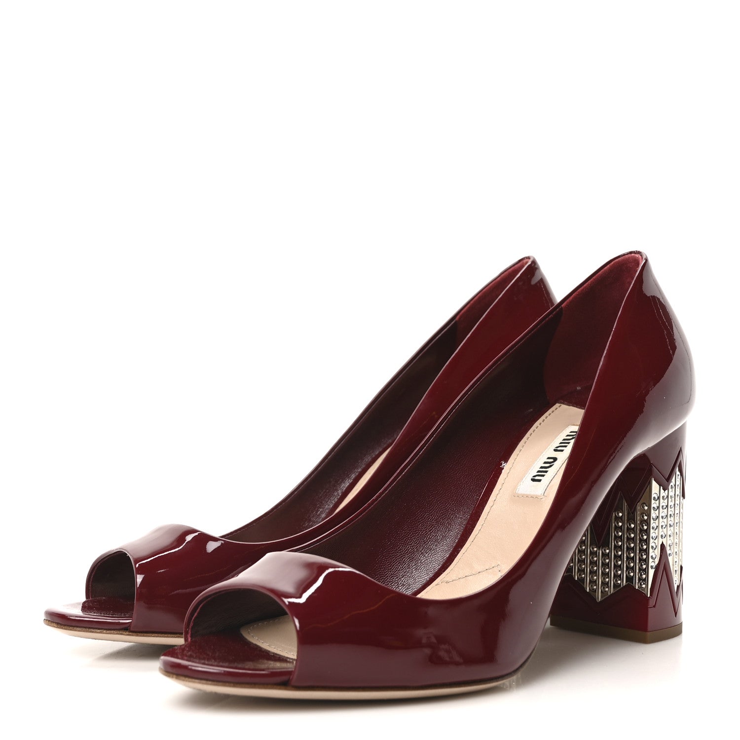 Miu Miu Patent Crystal Peep Toe Pumps 37.5 Burgundy 4 of 8